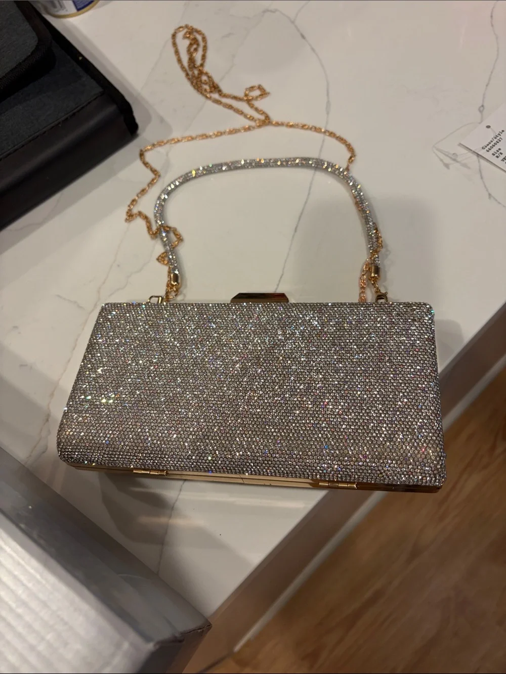 Crystal-Embellished Silver Evening Clutch with Gold Chain